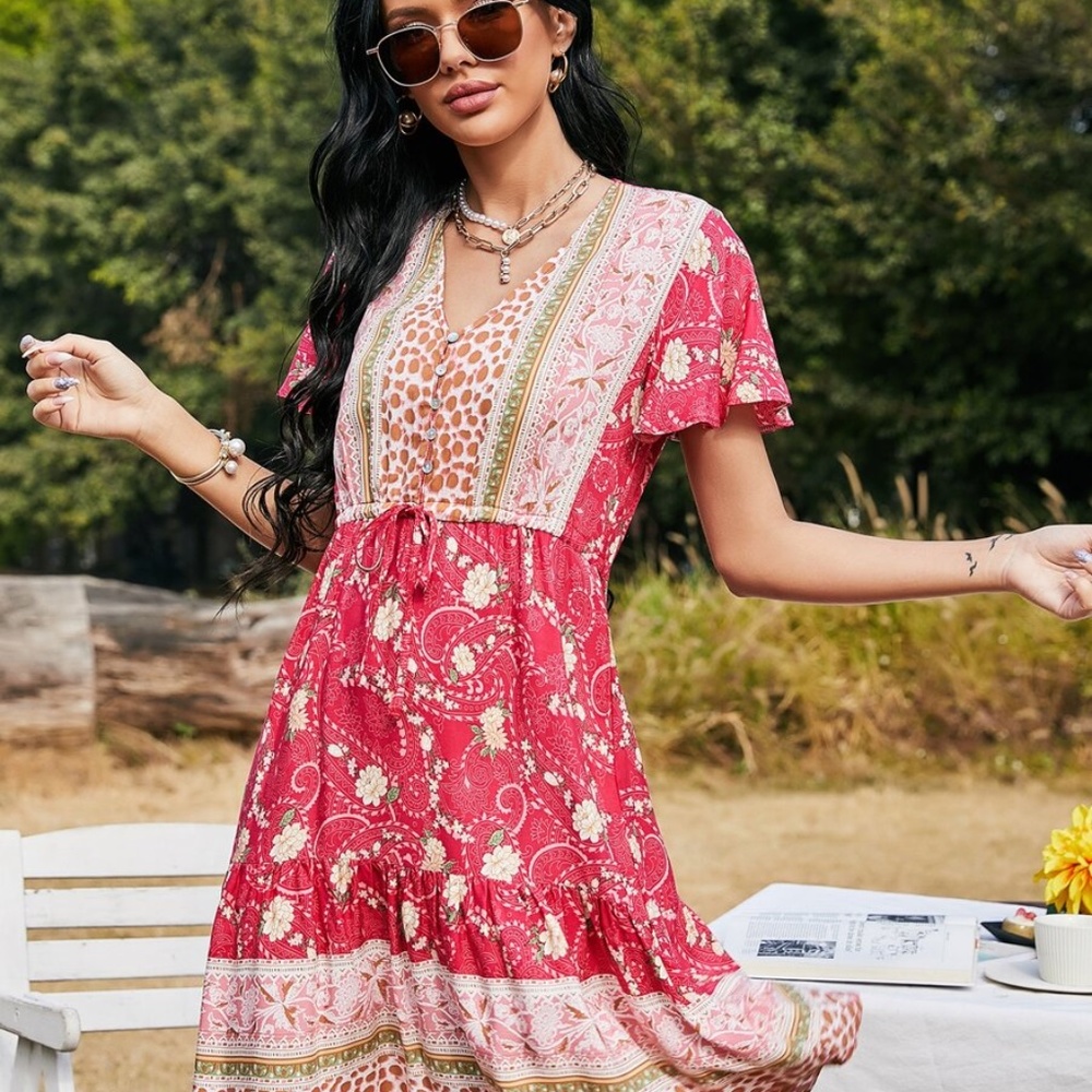 boho v neck floral button paisley red ruffle dress - Picture 4 of 4